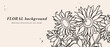 Vector background or banner with ink sketch sunflowers and typography template. Web wallpaper. Linear floral art with botanical illustration