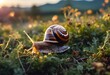 AI generated illustration of a snail rests in a meadow with colorful wildflowers