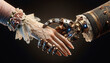 AI generated illustration of human hand in lacy glove with rose corsage meets a complex robotic hand