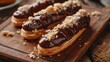 Delicious Eclairs on Wooden Table. Close Up of Baked Brown Cake with Chocolate Cream Confection. Perfect for Cooking Inspiration