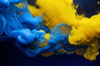 AI Generated Image. Abstract yellow and blue fluffy ink smoke cloud in a water