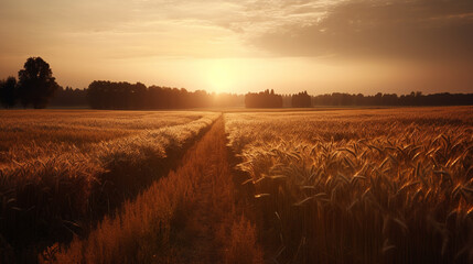 Wall Mural - AI generated illustration of a sunset over grassy field with sun and clouds peeking through