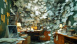 papers are piled into the air near a wooden desk in a messy room
