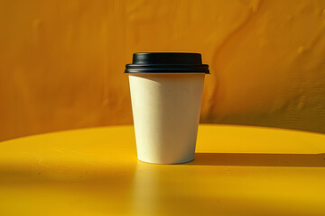 Sticker - a cup of coffee sitting on top of a yellow table next to a black lid on the top of the cup is a black lid on the top of the cup.