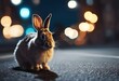 a bunny standing on a street in front of a building