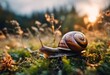 AI generated illustration of a snail resting on the ground at sunset, surrounded by green plants