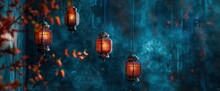 Credit New Look Casting Ramadan Lanterns Hanging On The Wall With String Of Lights, Close Up, Dark Blue Background