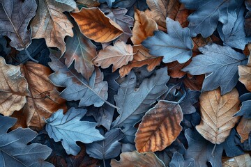 Wall Mural - blue, brown and white fall leaves on the ground in a park