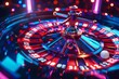 Detailed close-up of a vibrant casino roulette wheel in action with dynamic lighting