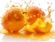 mango juice splashes from a mango, splashes of mango juice on white