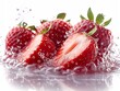 The strawberry in juice, strawberry juice splashes from a cut strawberry, splashes of strawberry juice