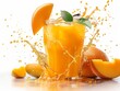 mango juice splashes from a mango, splashes of mango juice on white