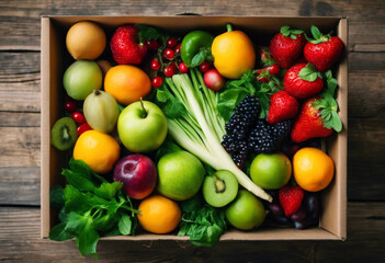  AI generated illustration of Fresh fruits, vegetables, and plants in a box on wooden table