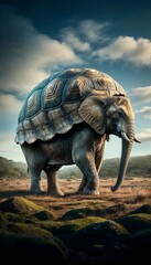 Wall Mural - majestic elephant-tortoise hybrid in a serene landscape - ai generated digital art