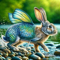 Wall Mural - enigmatic aquatic rabbit on a riverbank - ai generated digital art