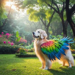 Wall Mural - Radiant Canine Elegance with Vibrant Macaw Feathers - AI Generated Digital Art