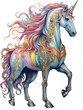 A beautiful elegant realistic multicolored unicorn isolated on transparent background.  PNG. Rainbow colorful magic unicorn illustration for print, poster, sticker, card, decoration. Magic concept.