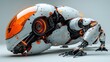 an orange and white robot in full gear and head turned away