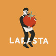 A man holding giant tomato. Retro style people illustration. Vector illustration