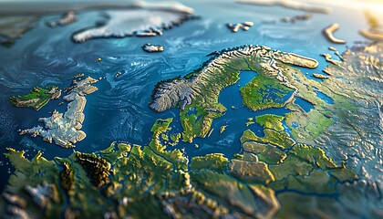 3D illustration showing flattened satellite view of Scandinavia and Northern Europe's geography and topography