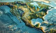 geography and topography of the USA through a detailed physical map, showcasing Earth's landforms in a 3D illustration