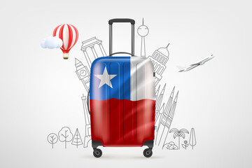 Poster - Plastic travel bag with flag of Chile and famous world sights. 3d vector concept