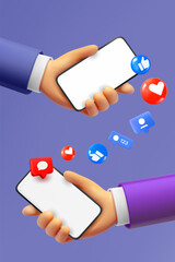 Aufkleber - Sending social media content with two smartphones. 3d vector illustration