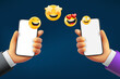 Receive emojis with two smartphones. 3d vector illustration