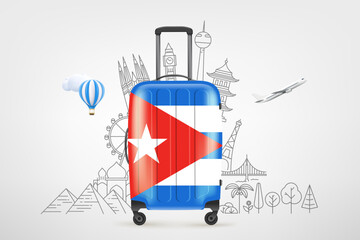 Poster - Plastic travel bag with flag of Cuba and famous world sights. 3d vector concept