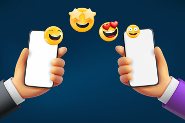 Aufkleber - Receive emojis with two smartphones. 3d vector illustration