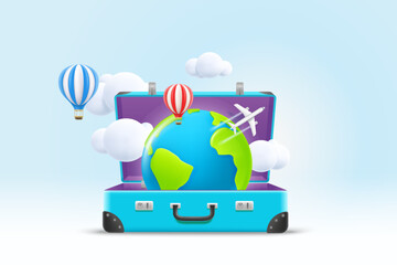Poster - Blue suitcase with the Earth. World travel concept. 3d vector illustration