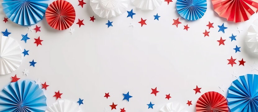 3D red and blue paper fans and stars on white background with copy space. Holiday concept for 4th of July, President's Day, Independence Day, US National Day, Labor Day, Fourth of July