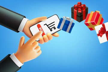 Aufkleber - Man buying gifts via internet with smartphone. 3d vector illustration