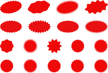 Starburst red sticker set - collection of special offer sale oval and round shaped sunburst labels and badges. Promo stickers with star edges. Vector.