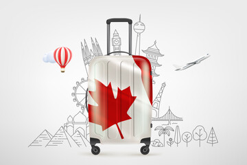 Poster - Plastic travel bag with canadian flag and famous world sights. 3d vector concept