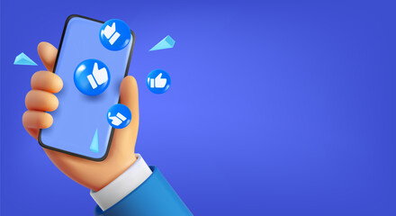 Poster - Man holding mobile phone with likes. 3d vector banner with copy space
