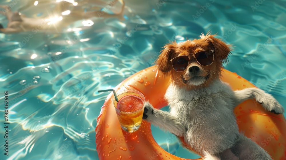 A relaxed dog with sunglasses floating on a ring in a pool, holding a ...