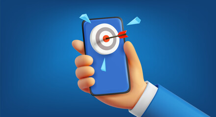 Aufkleber - Man holding mobile phone with dart. Business goal concept. 3d vector illustration
