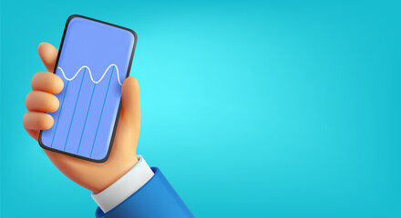 Poster - Man holding mobile phone with trading diagram. 3d vector banner with copy space