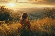 Woman enjoying a tranquil sunset amidst a blooming field