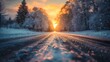 a snow covered road with trees and a sunset
