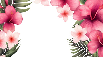 Wall Mural - Pink hibiscus and green leaves on transparent background, for decoration border art frame,banner,artwork and for illustration advertising.