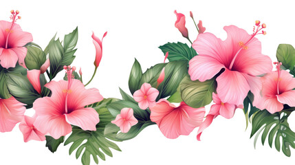 Wall Mural - Pink hibiscus and green leaves on transparent background, for decoration border art frame,banner,artwork and for illustration advertising.