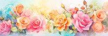 Exquisite Watercolor Background Adorned With Vibrant Roses In Full Bloom, Perfect For Romantic .Generative AI