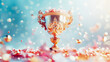 Golden trophy cup surrounded by sparkling confetti against a dreamy blue bokeh background, symbolizing victory or celebration.
