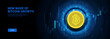 Horizontal concept banner with Bitcoin. Vector banner with glowing bitcoin, abstract digital elements and rising candle chart. Trading on the cryptocurrency exchange. Virtual cryptocurrency concept.