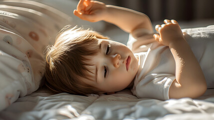 Wall Mural - Close-up portrait of cute little toddler boy lying on bed waking up at sunny morning. Light and shadows from sunlight