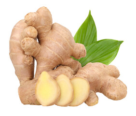 Wall Mural - Fresh ginger rhizome with green leaves and slices isolated, transparent PNG, PNG format, cut out, Close-up