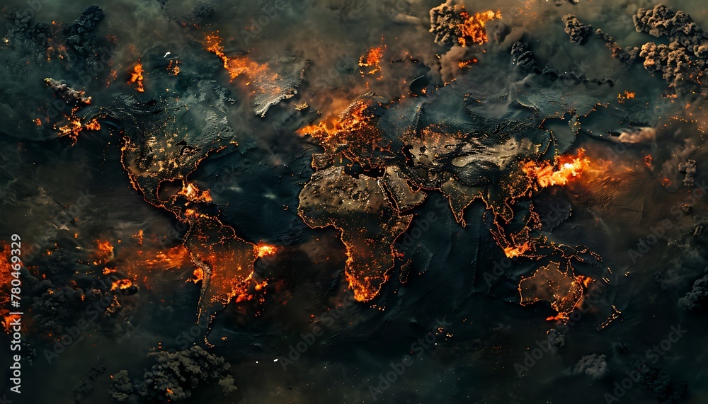 Apocalyptic Earth. Oil, Carbon, Smoke, and Fire ravaged World Map ...