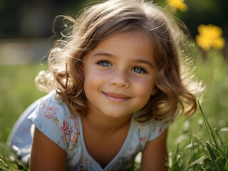 Portrait of a cute little girl on the grass in summertime